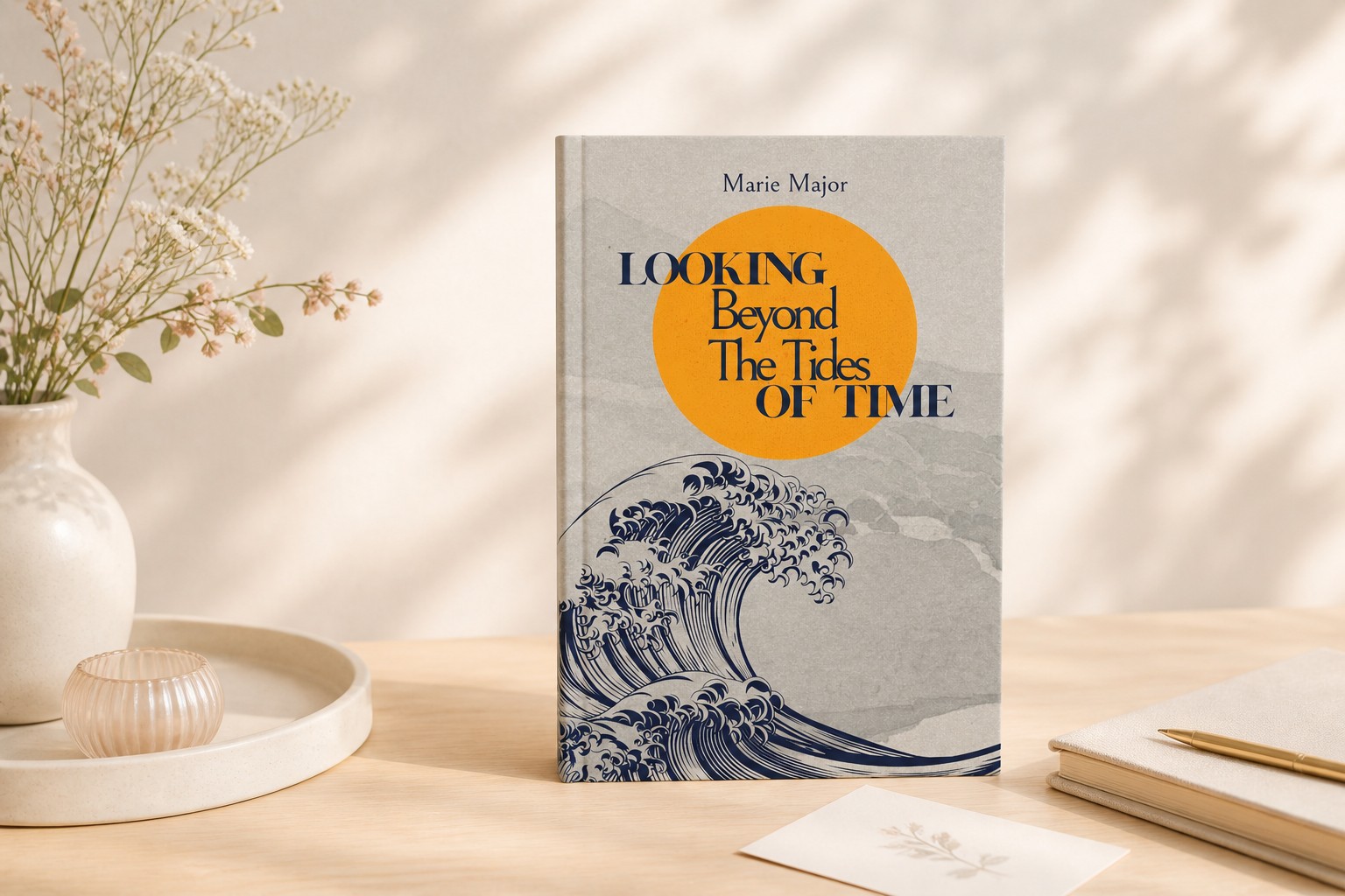 Looking Beyond The Tides Of Time book with notebook and desk styling